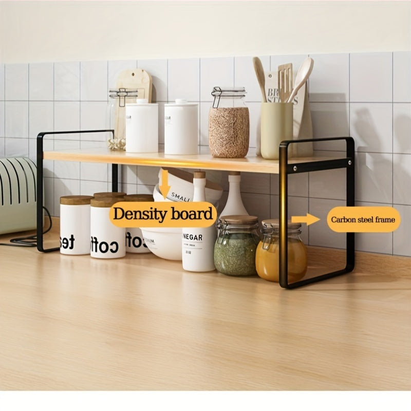 Estante de cocina con marco de hierro y tapa de madera dura con 2 niveles para organización