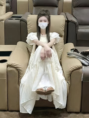 Women's Maxi Dress Summer 2025 French Style Loose Fit Bubble Skirt Flutter Sleeves Polyester