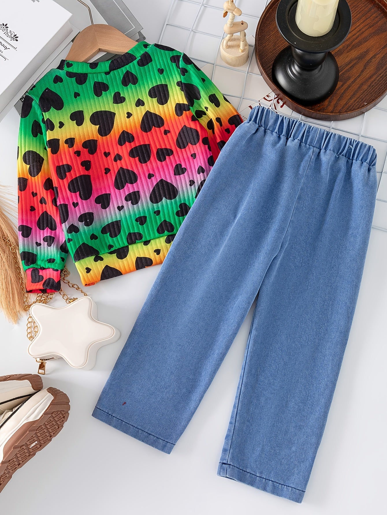 Джинсовый комплект для девочек с принтом сердец на весну и осень, полиэстер, хлопок, вискоза