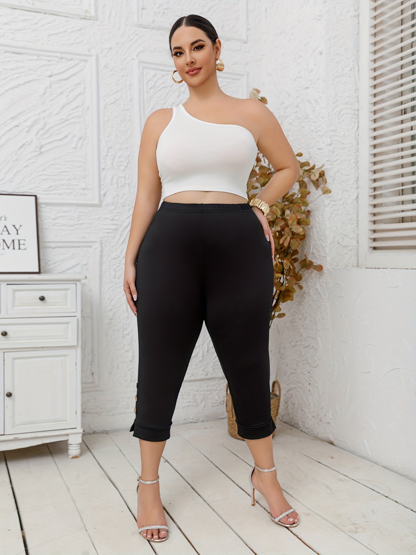 Plus Size Women's High-Waisted Stretchy Mid-Length Casual Harem Leggings All-Season Opague