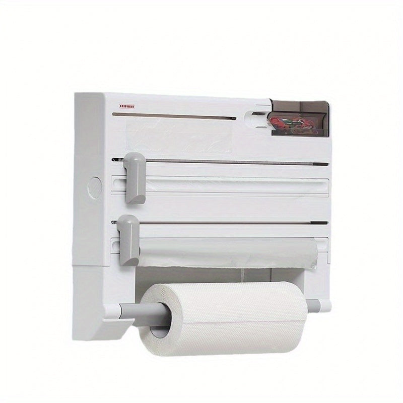 Kitchen Organizer with Plastic Wrap Dispenser and Cutter for Food Storage
