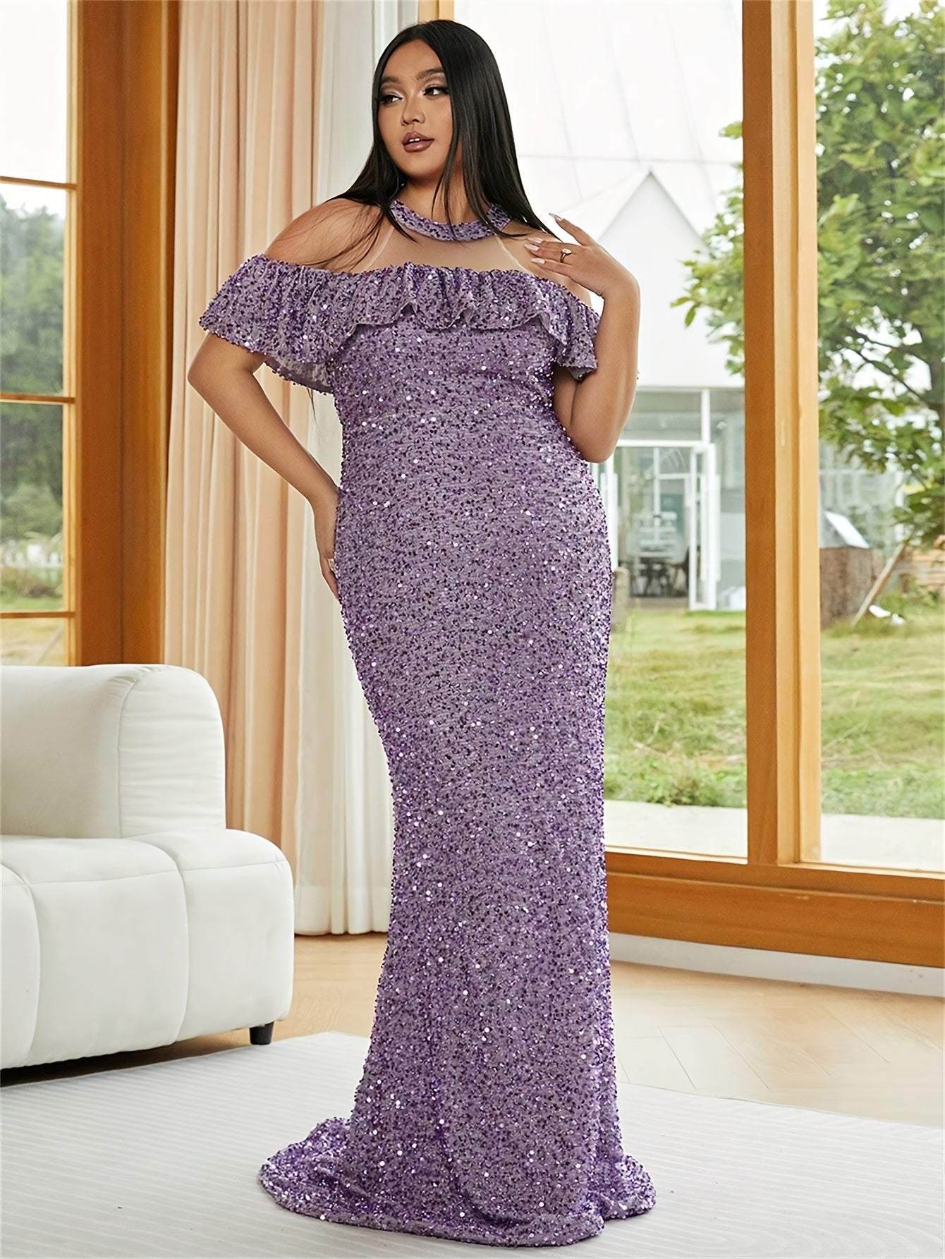 Plus Size Women's Off Shoulder Sequin Halter Dress Ruffle Long Sleeve Purple Evening Gown