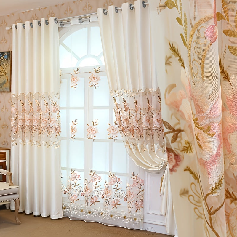 Pink Floral Embroidered Sheer Curtain for Living Room and Bedroom 1 Piece