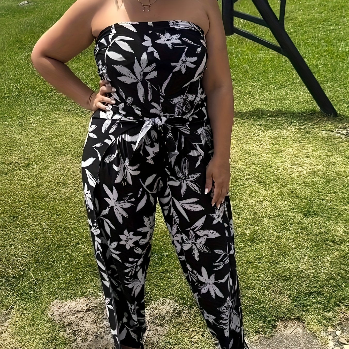 Women's Black Floral Print Jumpsuit with Belt Loose Fit Wide Leg Culottes