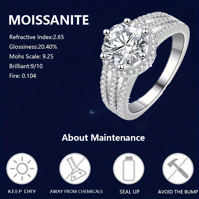 Sterling Silver Wide Band Ring with 2/3ct Moissanite and Pave Zirconia for Engagement or Wedding