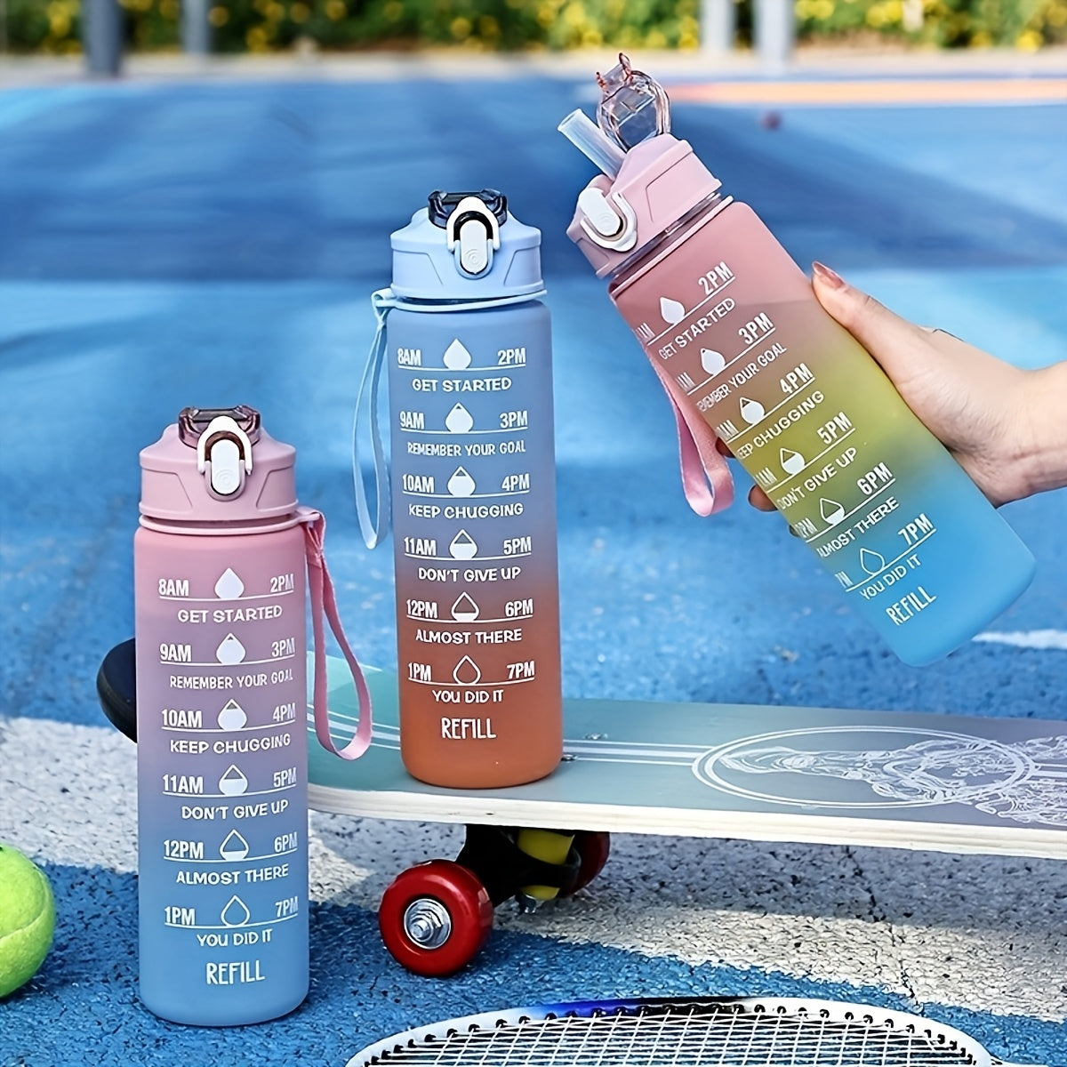 Gradient Water Bottle with Straw and Time Marker, Leakproof Sports Cup