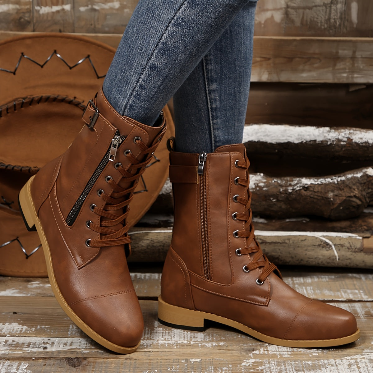 Women's Retro British Style Mid-Calf Boots Black Lace-Up Chunky Heel Winter Casual