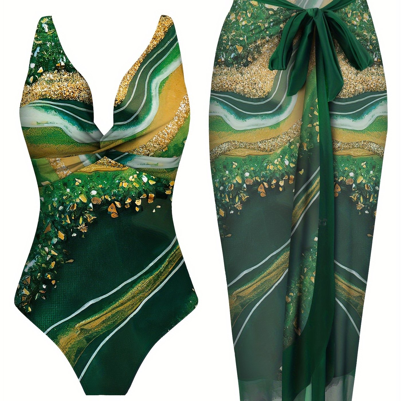 Комплект боди и обертки из мраморного океанского золота с завитком