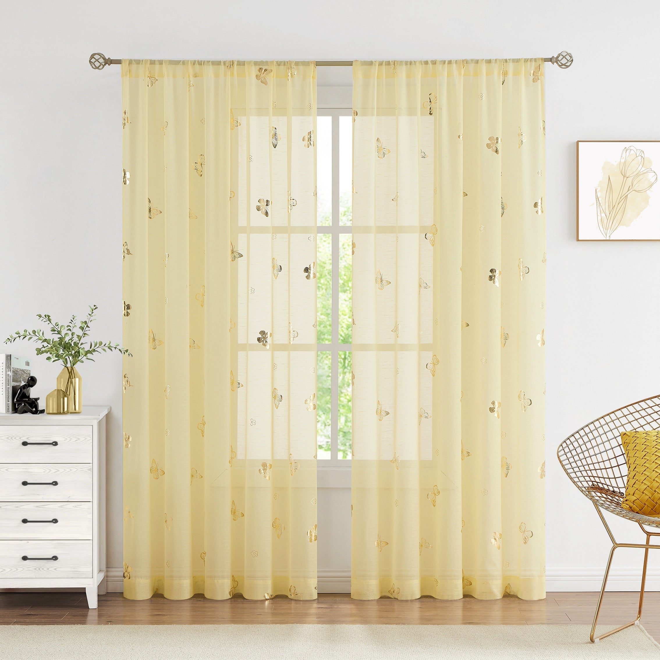 Golden Butterfly Translucent Linen Curtains for Bedroom or Living Room 63-95 Inches