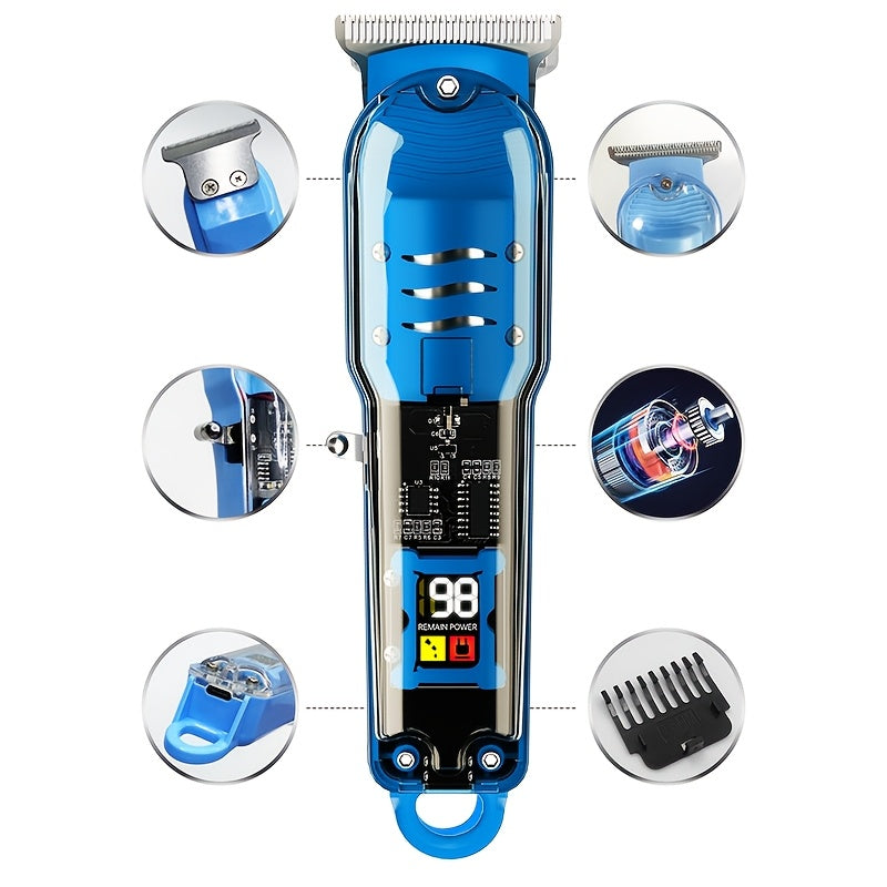 Прозрачный набор машинки для стрижки волос с ЖК-дисплеем, USB-заряжаемый. Подходит для использования в салоне и дома. Включает литиевый аккумулятор и зажимы для волос.