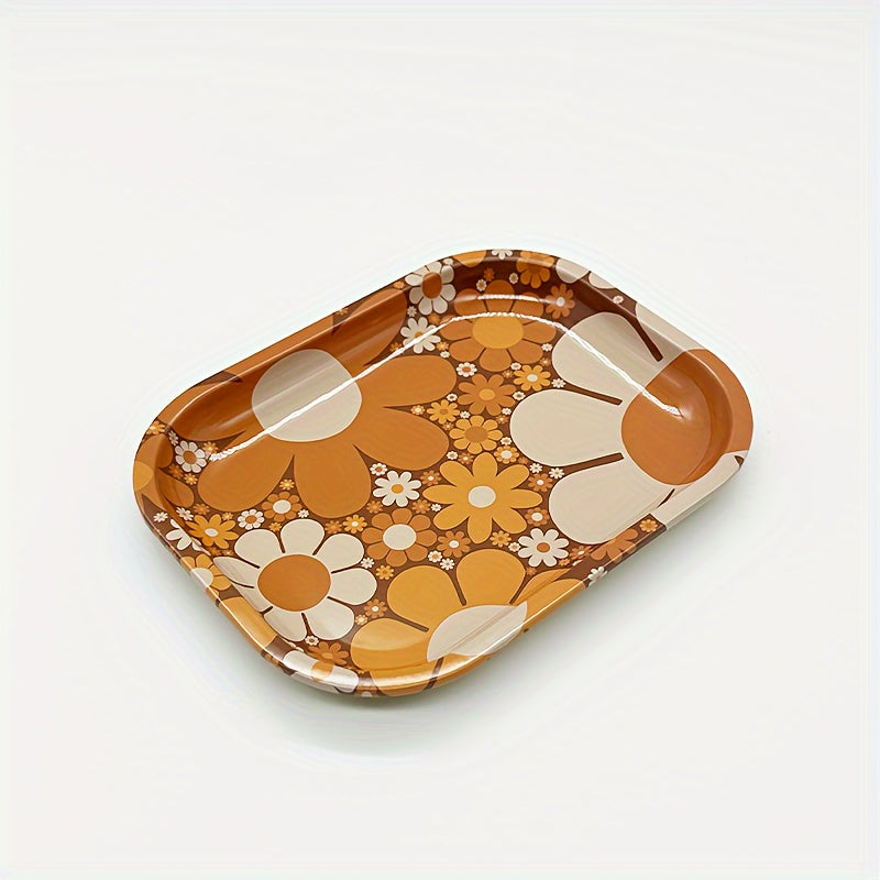 Car Armrest Tray Stainless Steel Floral Pattern Orange White Storage Organizer