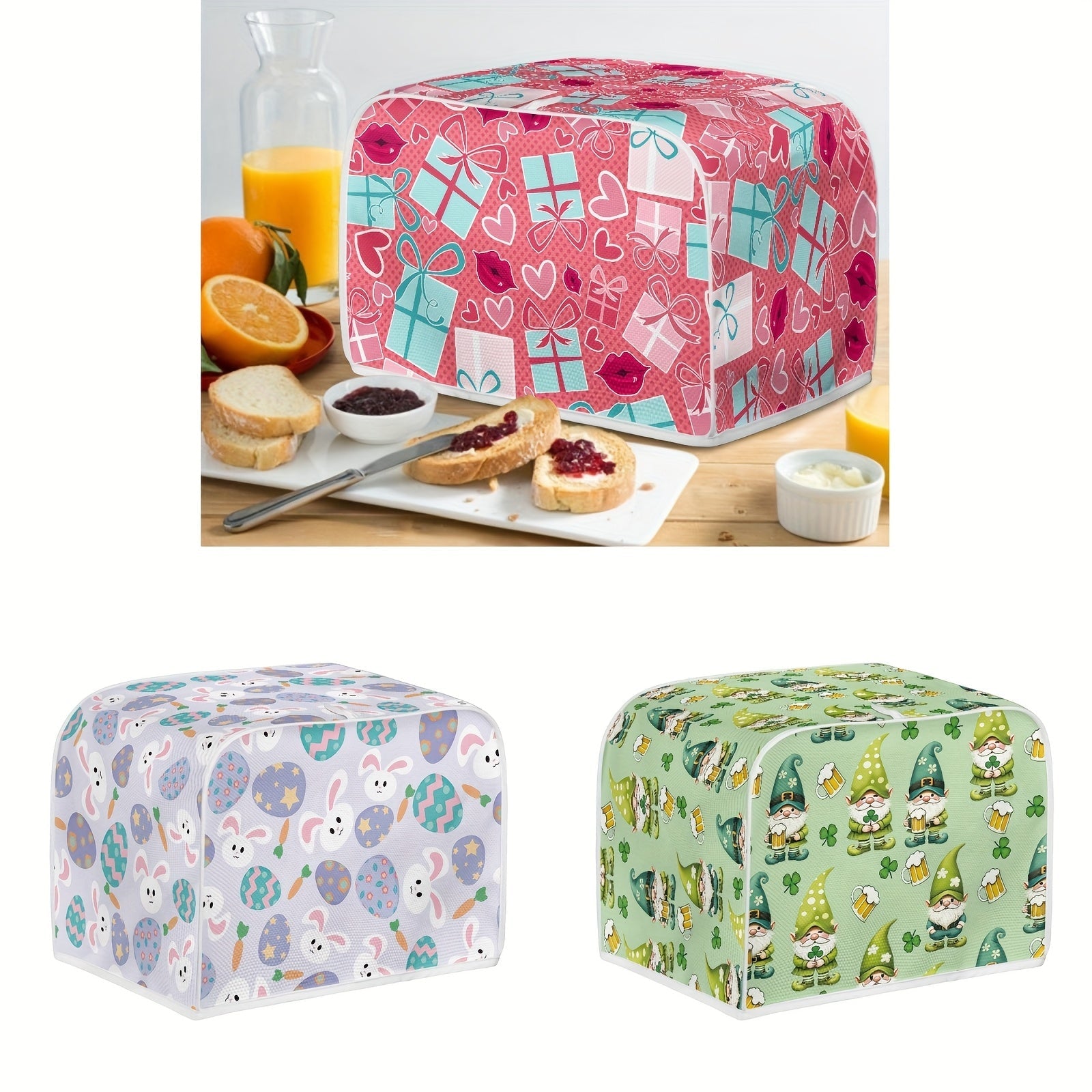 Festive Toaster Cover Polyester Dust Protector with Holiday Gnome Hearts Easter Eggs