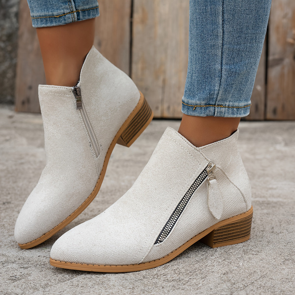 Women's Fashion Ankle Boots Solid Color Mid Heel Casual Slip-Ons