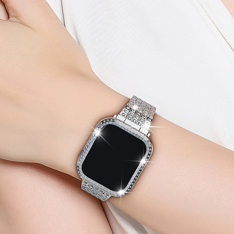 2-в-1 ремешок для часов с полым корпусом, совместимый с ремешками Apple Watch 38mm-46mm + корпус. Женские украшения, сверкающий заменяемый металлический ремешок с алмазными стразами и 2 шт. защитного покрытия из ПК. Нет