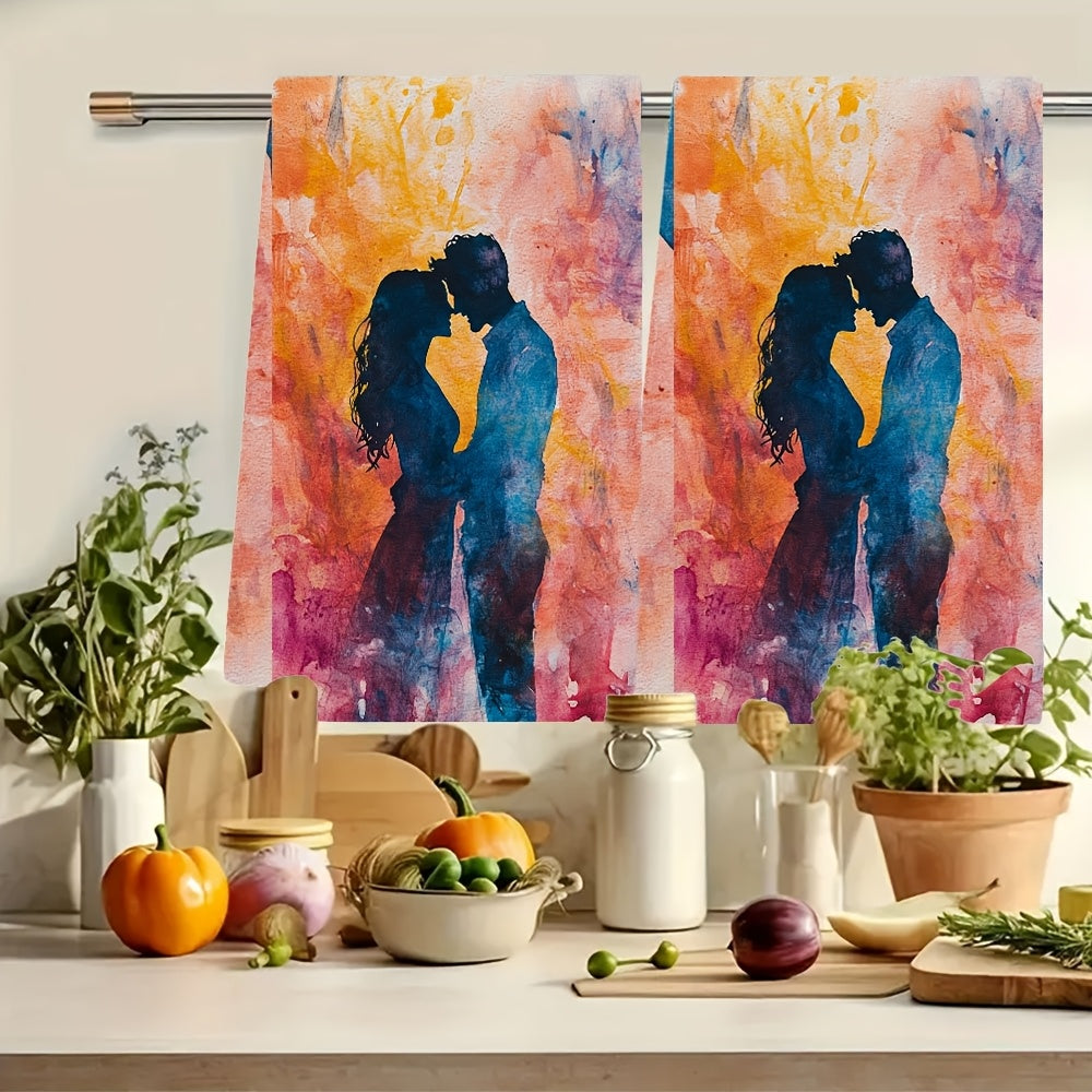 Набор из 2 кухонных полотенец с романтическим закатом и силуэтом любви, 40x60 см, впитывающие