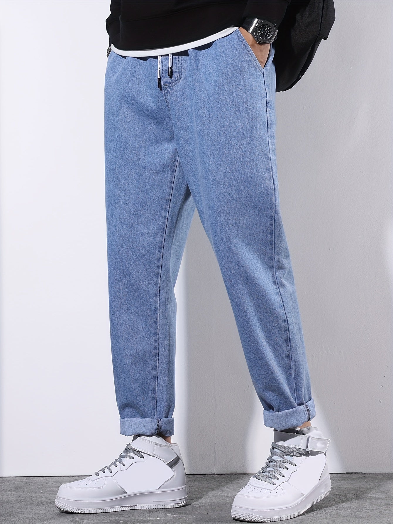 Men's Denim Pants Regular Fit Solid Wash Cotton Blend Casual Drawstring Waist