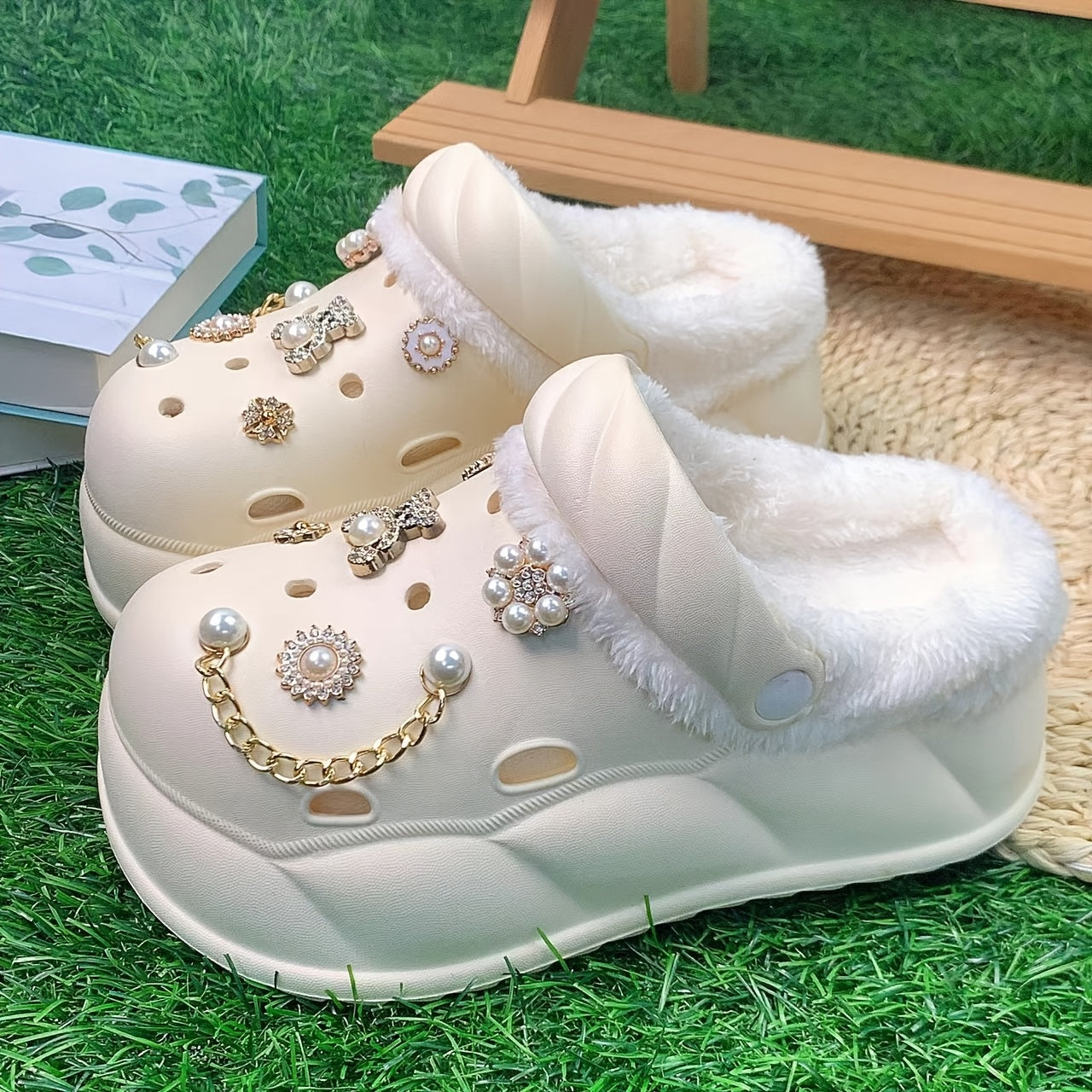 Women's Faux Fur-Lined EVA Slippers with Gold Bear and Floral Charms