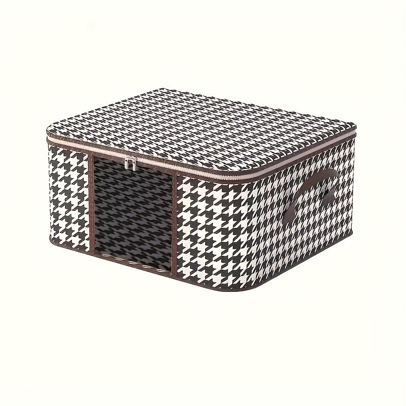 Large Houndstooth Fabric Storage Bag with Zipper Handle for Clothes and Linens