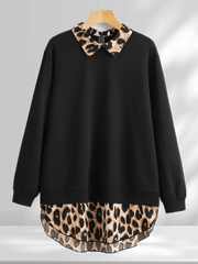 Plus Size Leopard Stitching Sweatshirt with Lapel Collar for Women