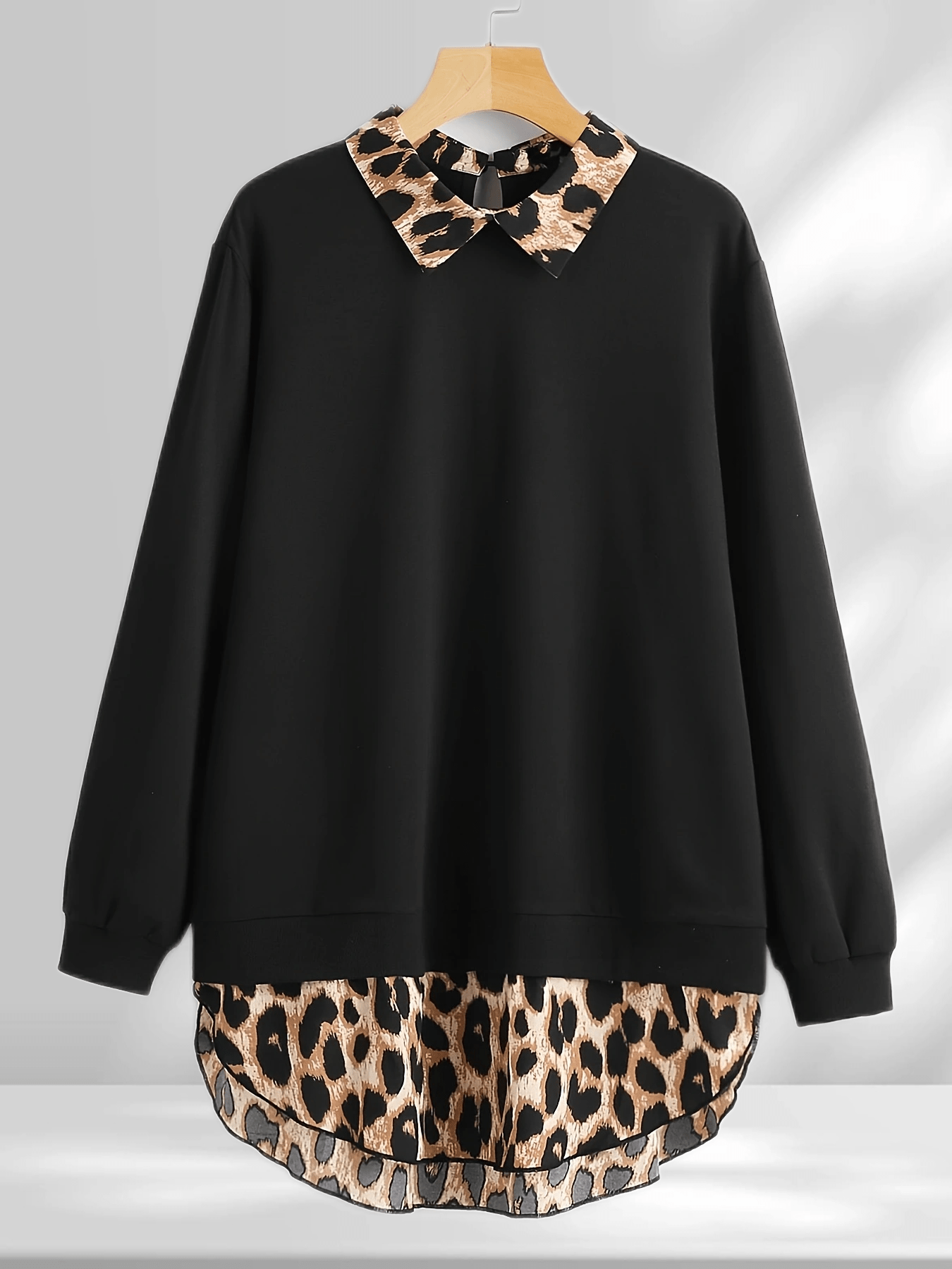 Plus Size Leopard Stitching Sweatshirt with Lapel Collar for Women
