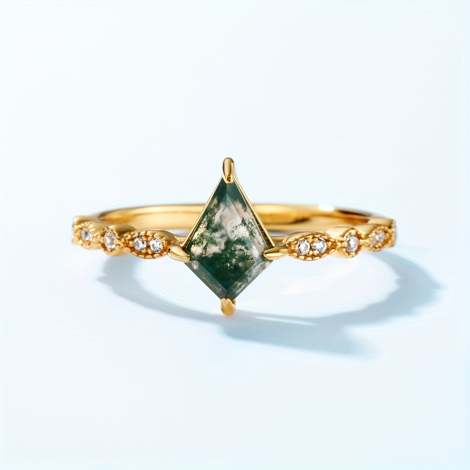 Silver Ring for Women with Green Moss Agate 6x9mm Water Grass Stone Gold-Plated Jewelry