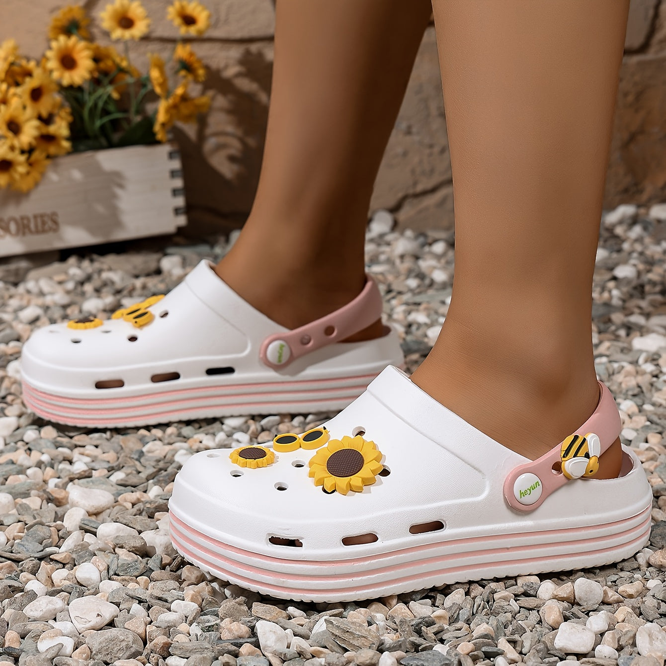 Women’s Summer Floral Clogs Soft EVA Thick Sole Breathable Openwork White Yellow