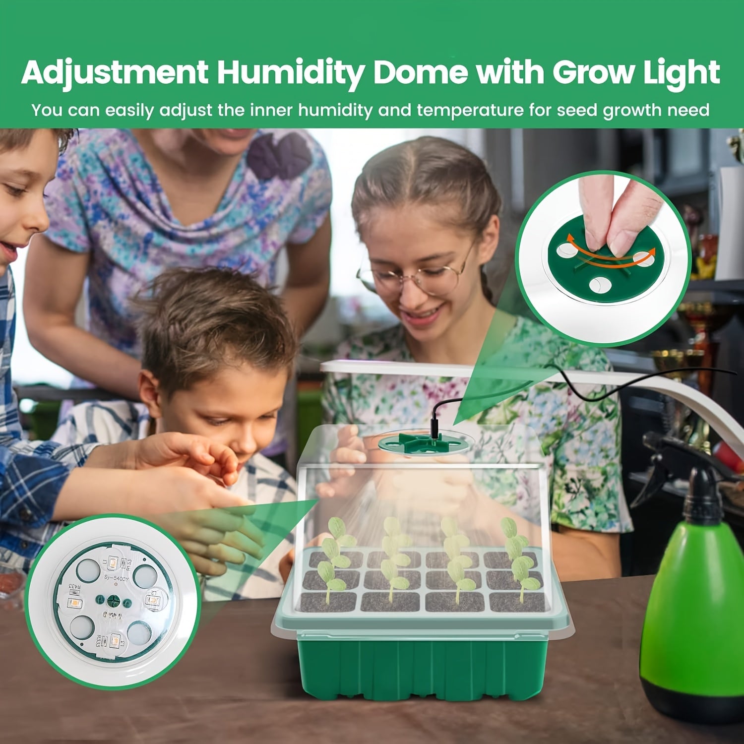 Seedling Trays with Grow Lights 12-Cell Indoor Greenhouse Starter Kit Humidity Domes