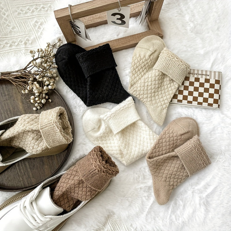 Women Mid Tube Socks 6 Pairs Rhombus Pattern Fuzzy Polyester Spandex