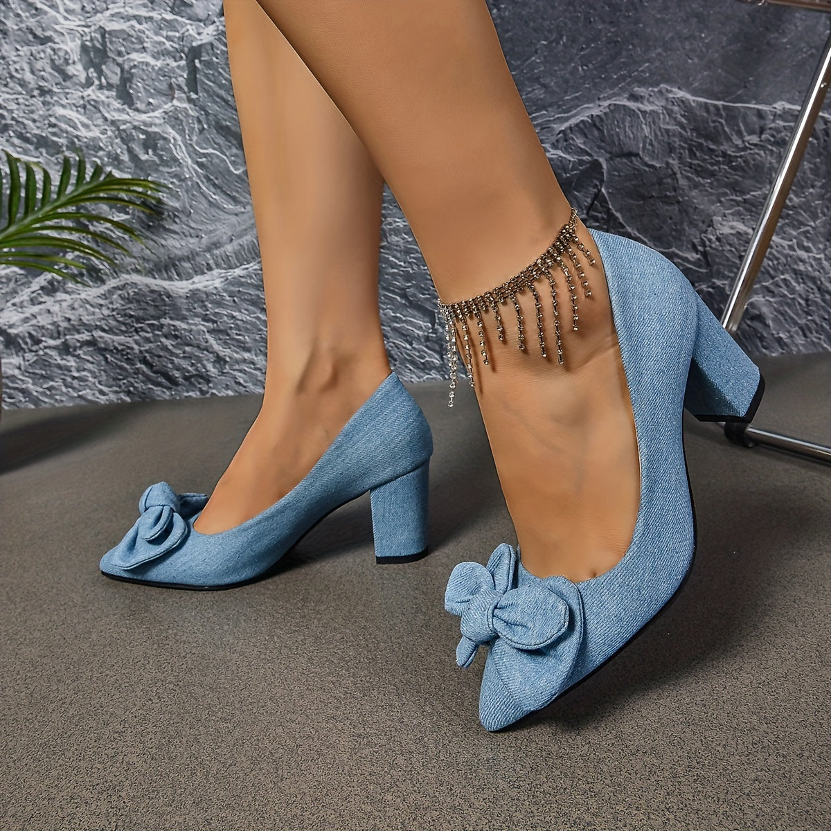 Women's Blue Block Heel Pumps with Bows - Mid-Heel Round Toe Shoes