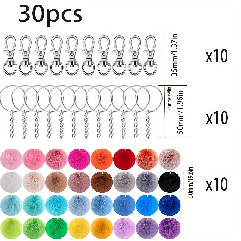 Set of 30 Plush Ball Keychains with Swivel Hooks and Chain for DIY Jewelry and Gifts