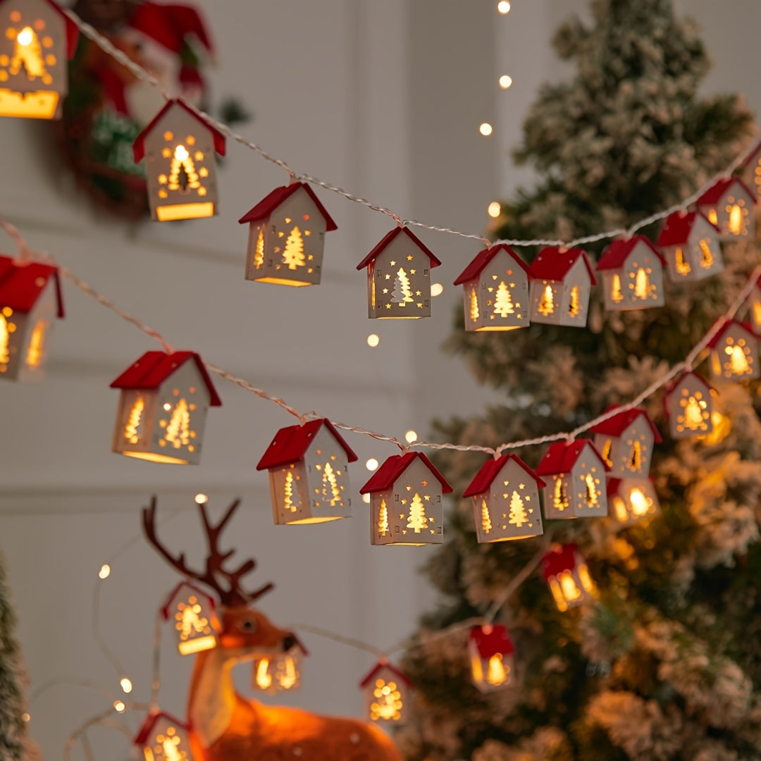 Wooden Reindeer House Fairy Tale String Lights 2M 10-LED Red Christmas Garland Battery Operated