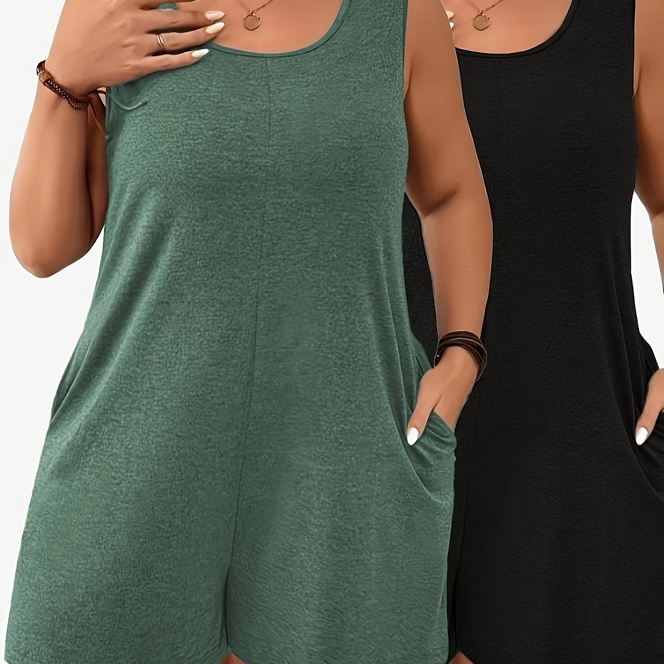 Plus Size Women's Romper Set with Pockets Loose Fit Breathable Spring Summer