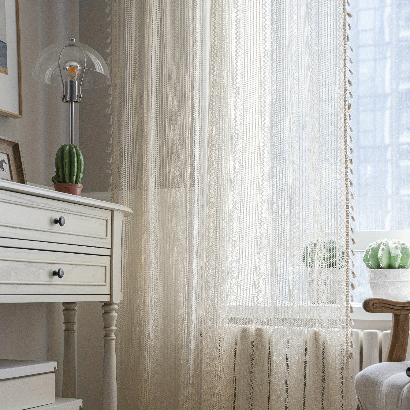 Beige Crochet Fringe Curtain UV Protection Rod Pocket for Living Room Bedroom