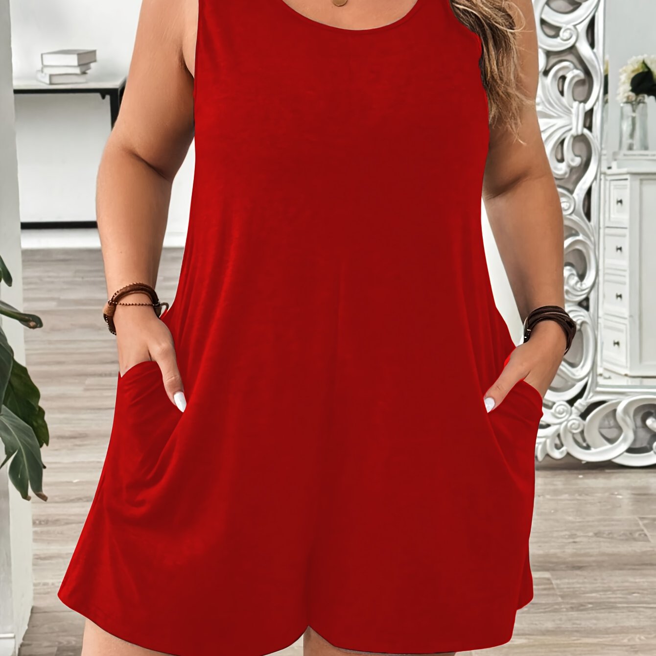 Women’s Plus Size Olive Green Sleeveless Romper Jumpsuit with Pockets