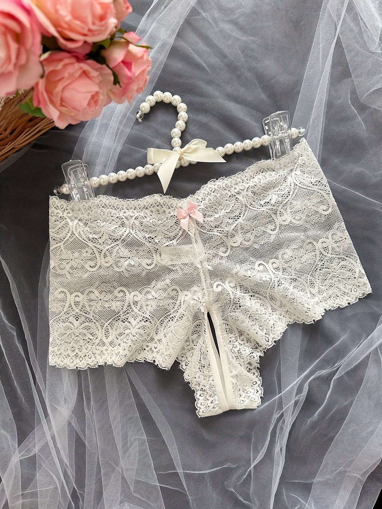Women's Lace Open Crotch Panties with Bow Detail Semi-Sheer Printed Comfortable Lingerie
