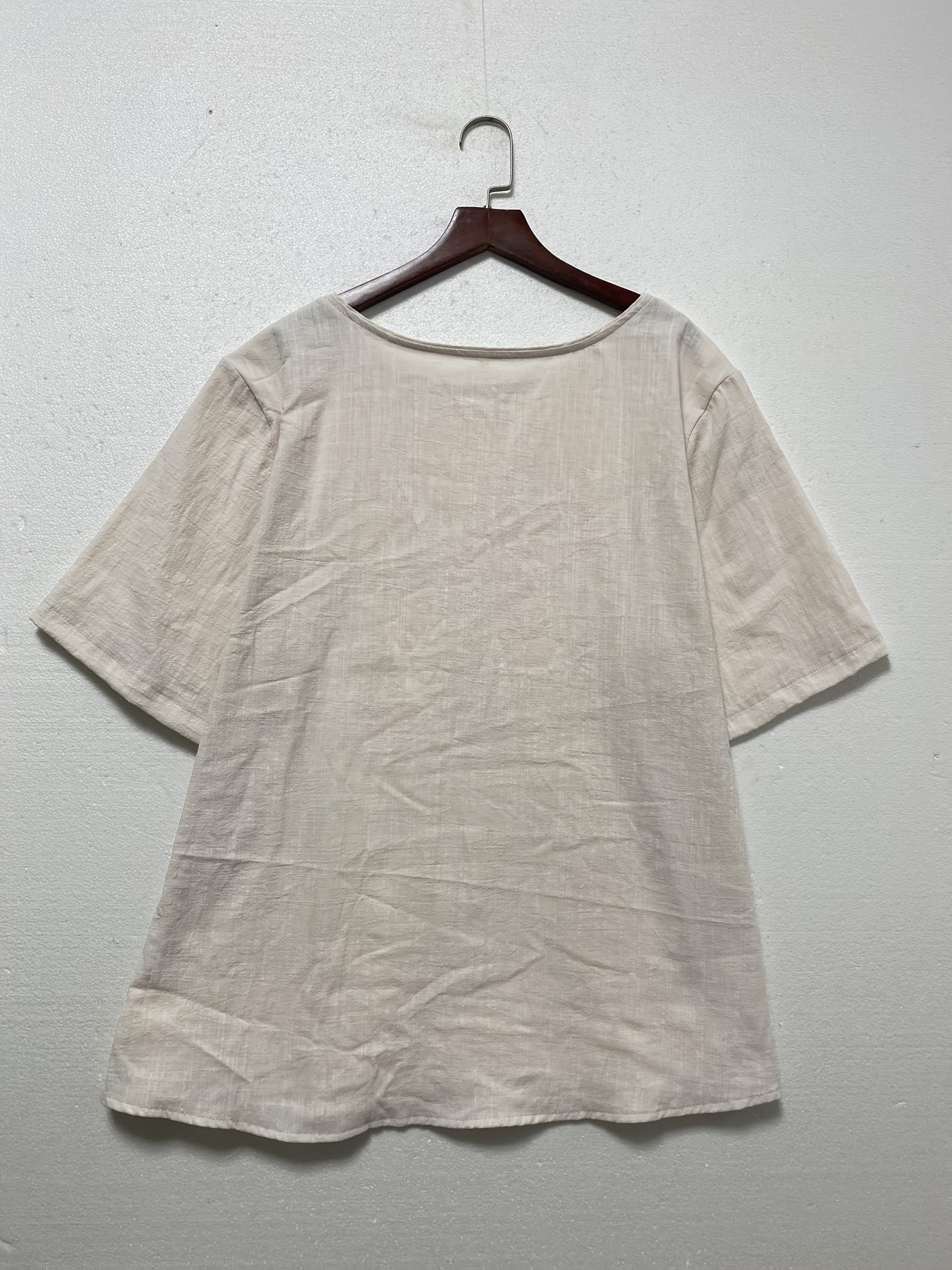 Plus Size Women's Cotton Short Sleeve Blouse Solid Color All-Season Casual Top