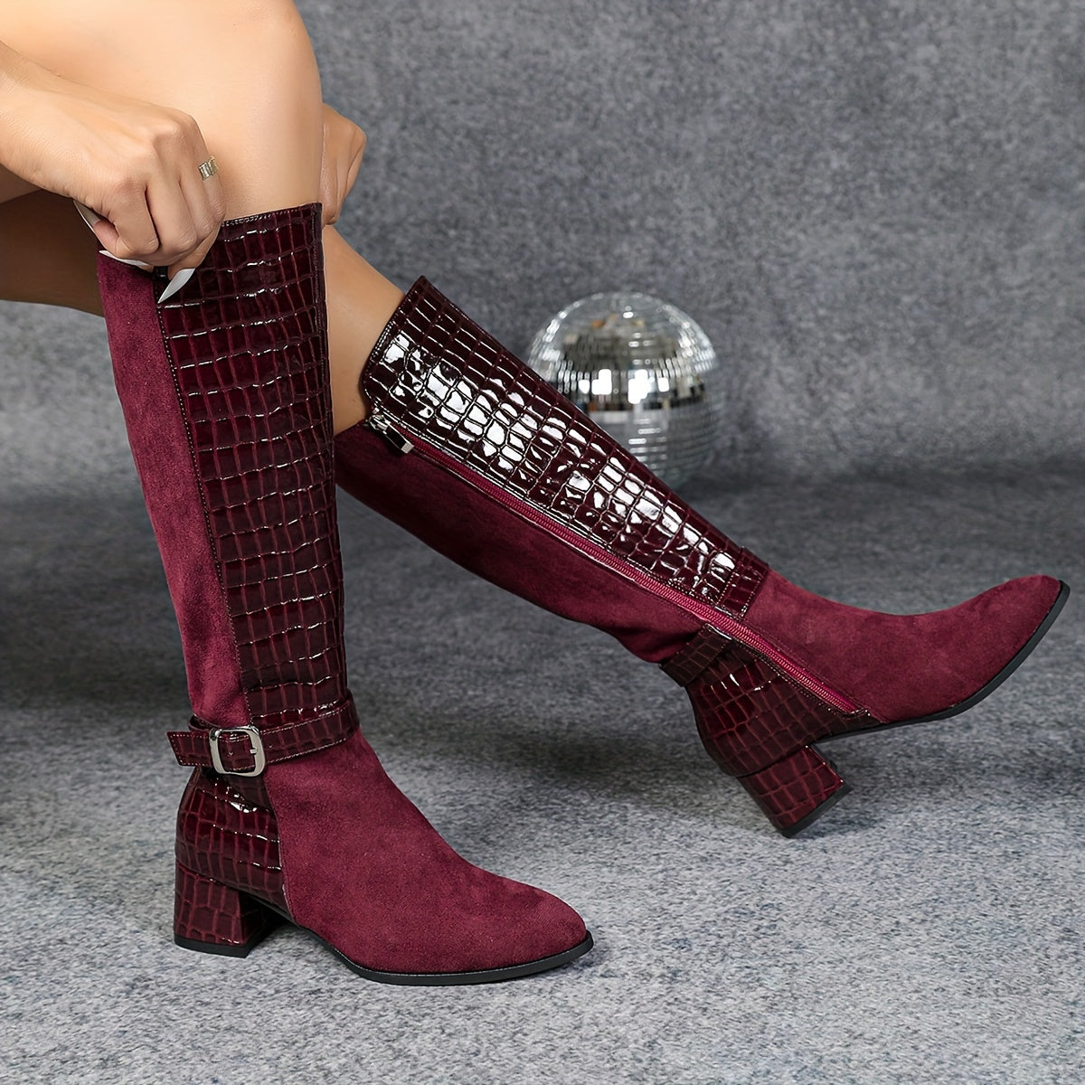 Wine Red Mid-Heeled Knee-High Boots with Pointed Toe and Side Zippers