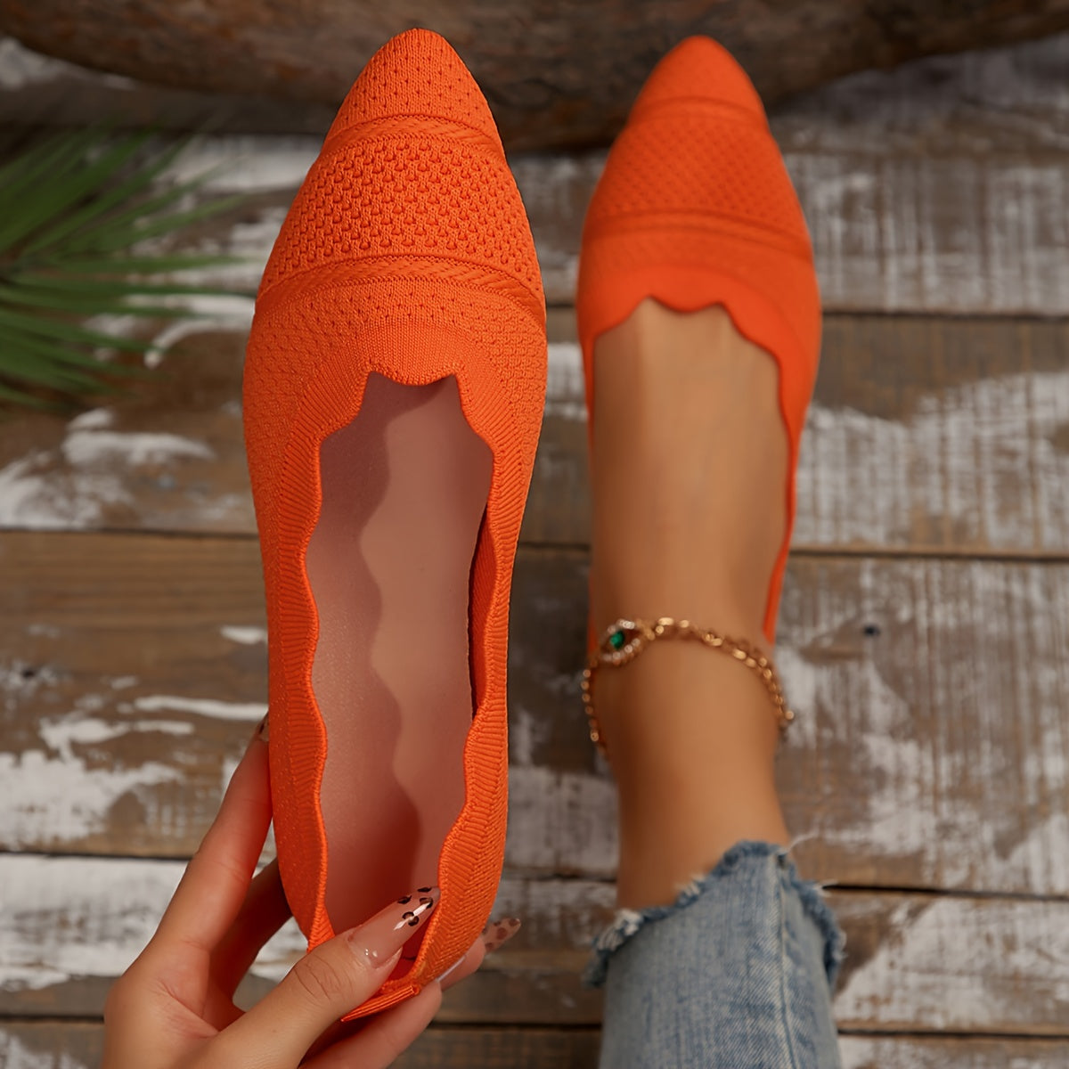 Women’s Ballet Flats Casual Slip-On Knit Pointed Toe Ankle Strap Shoes