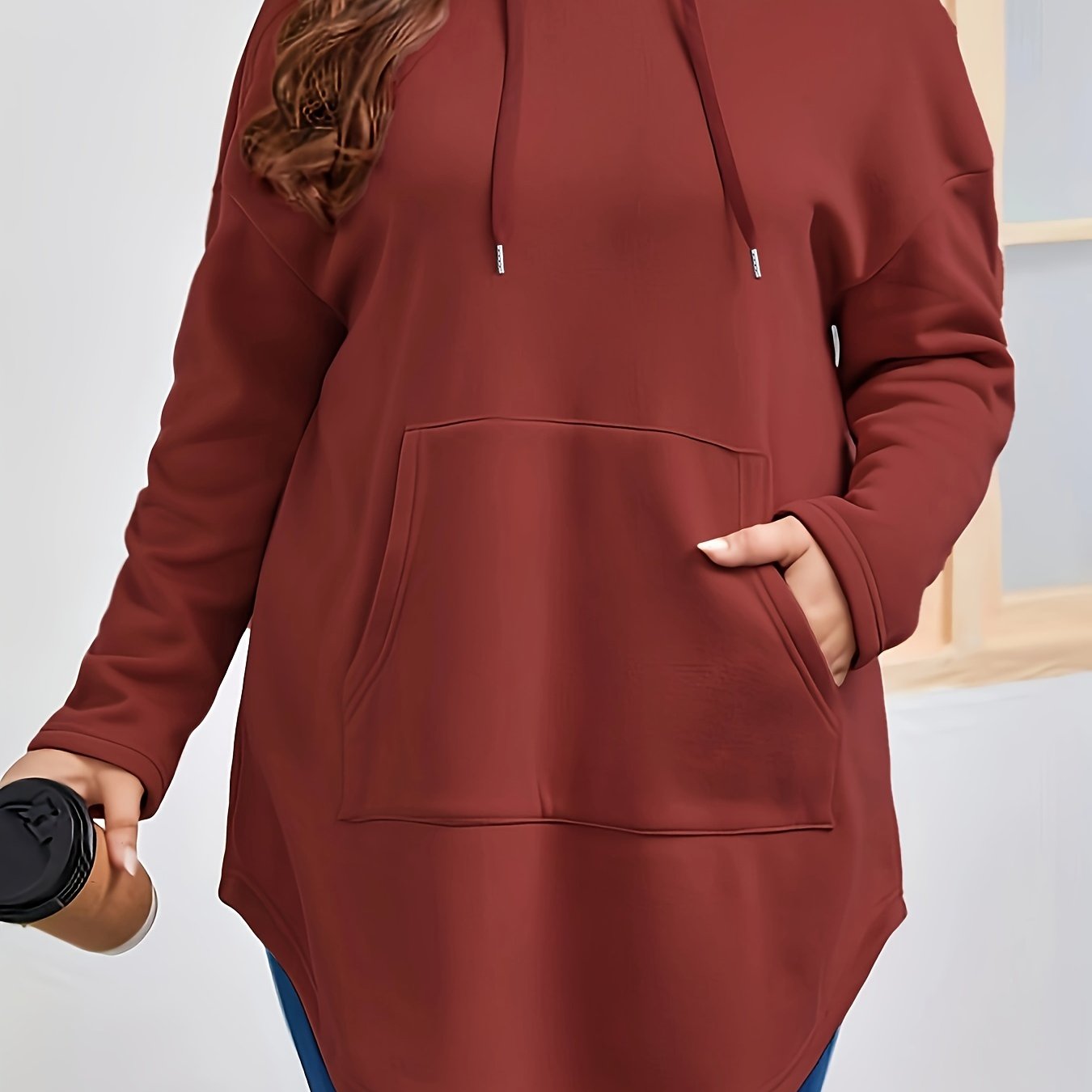 Ayollar uchun plus o'lchamli dengiz bo'yi ko'k hoodie, kangaroo cho'ntagi bilan, kundalik uzun qo'l kiyim, sweatshir