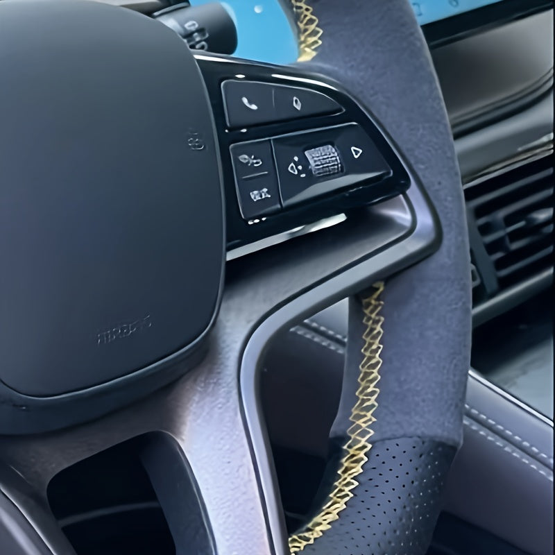 Universal Faux Leather Steering Wheel Cover Black with Golden Accents Anti-Slip