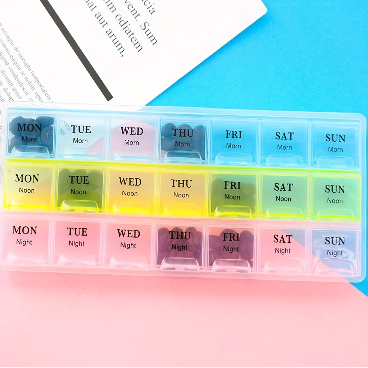 Weekly Pill Organizer 21 Grids with 3 Reminder Boxes for Travel and Vitamins