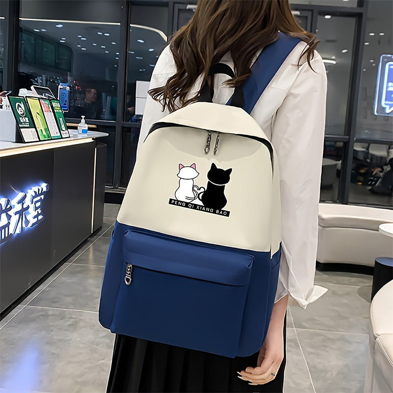 Blue Cartoon Cat Print Backpack Set with Tote Pencil Case and Wallet for School and Travel