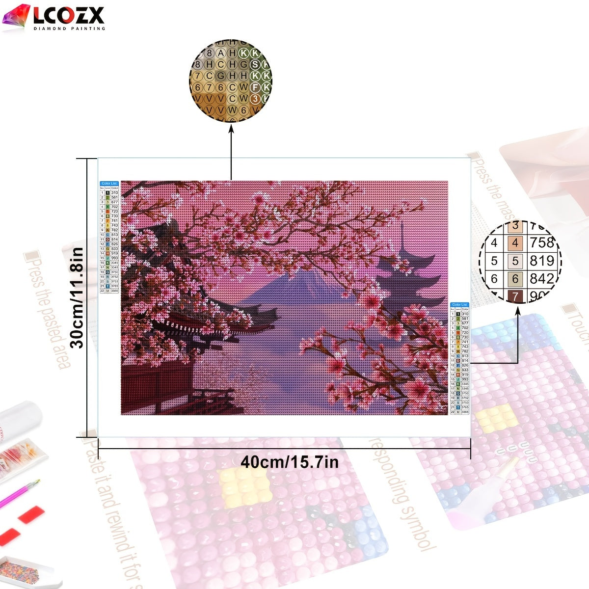Artificial Diamond Painting Kit with Cherry Blossom and Fuji Mountain 29.97x39.88cm Pink Rhinestones