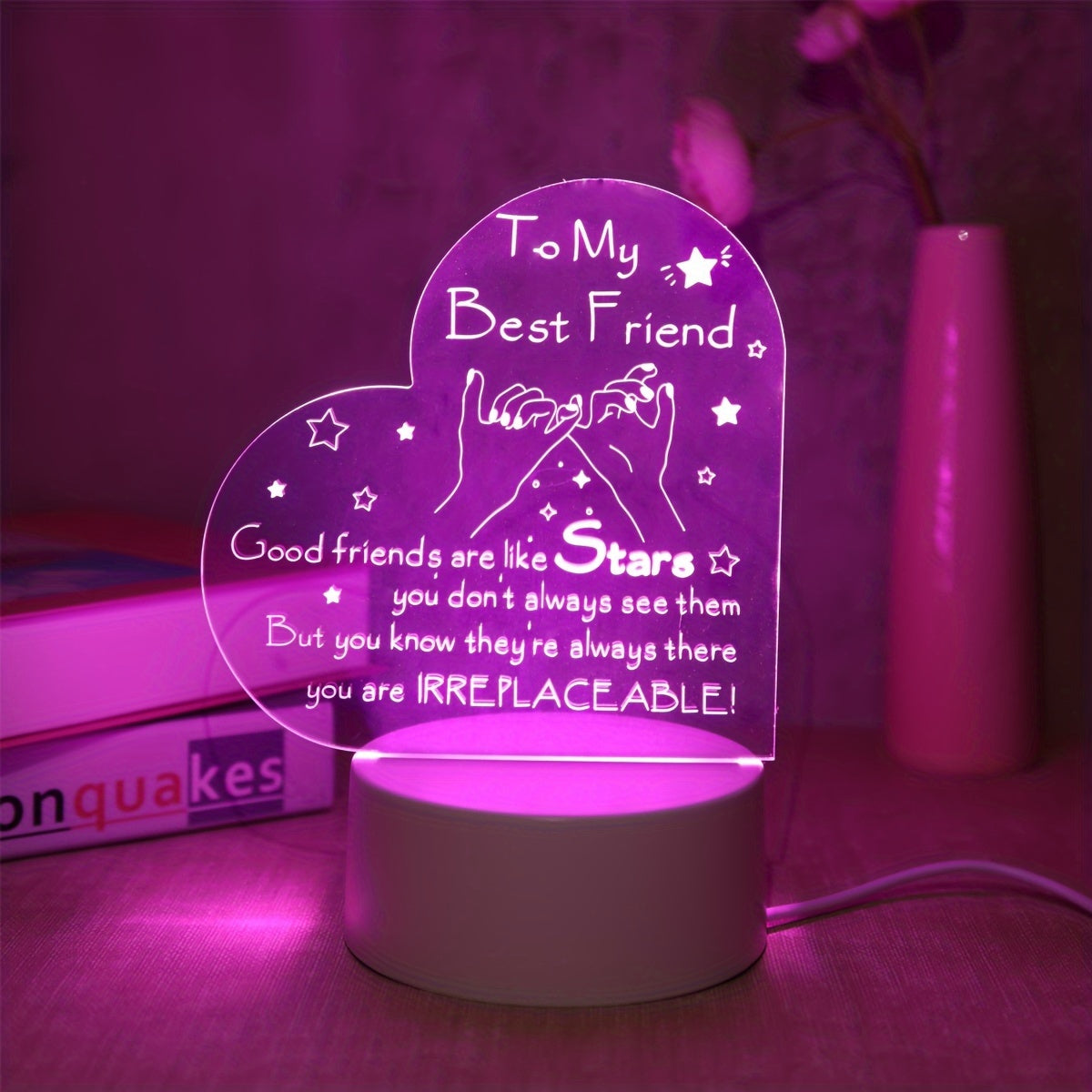Pink 3D LED Night Light with Inspirational Message USB Powered for Bedroom Decor