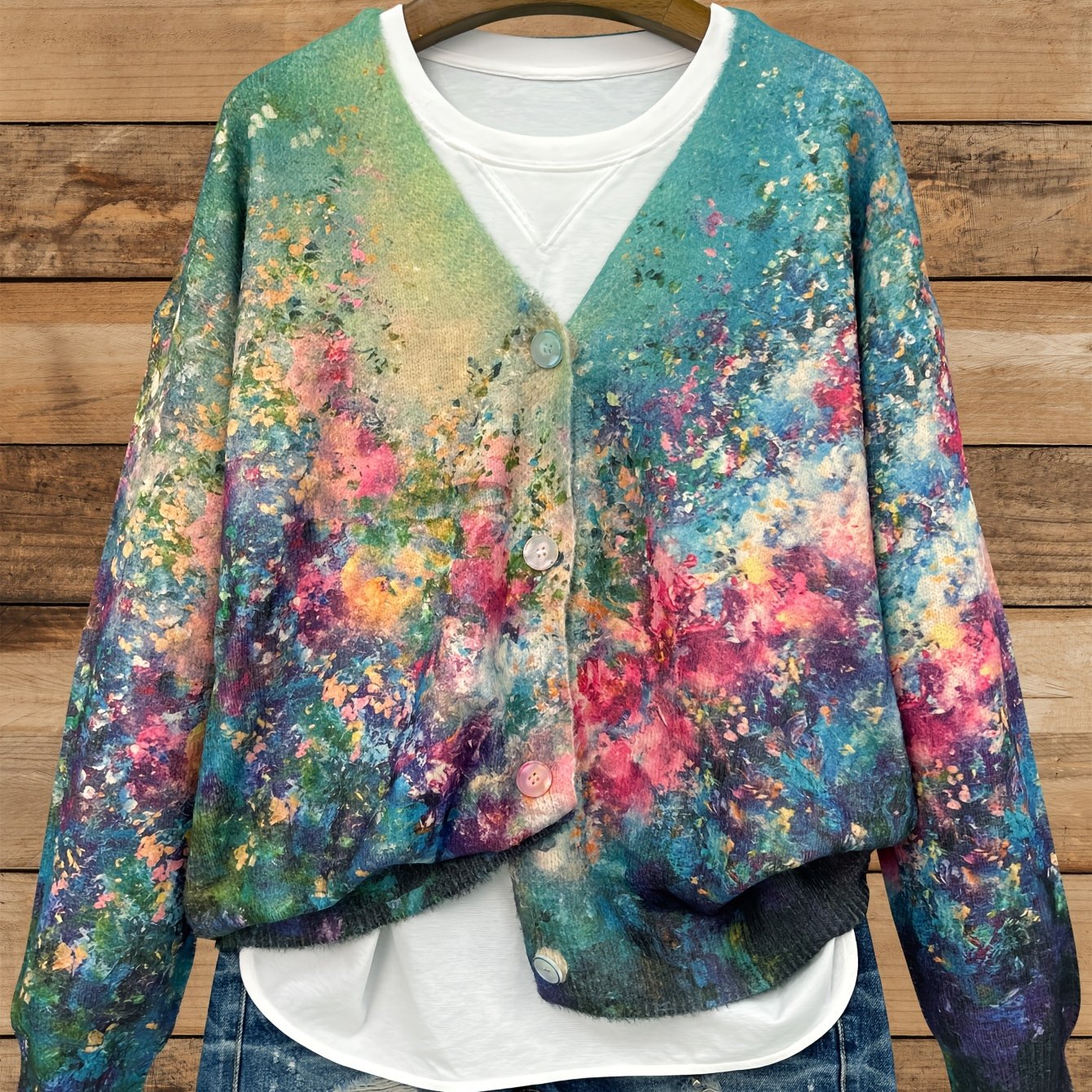 Plus Size Women's V-Neck Cardigan Long Sleeve Abstract Print Sweater