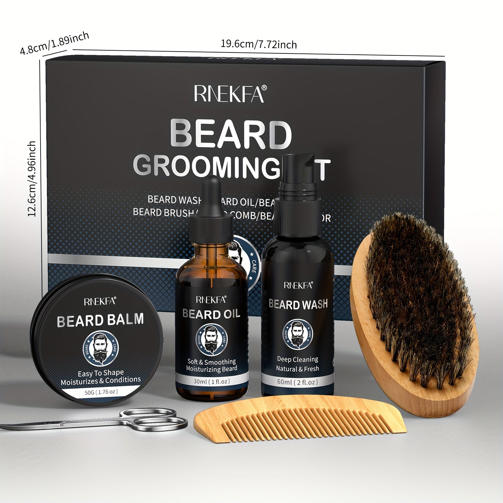 Kit de cuidado de barba para hombres con aceite, bálsamo, cepillo, peine y tijeras