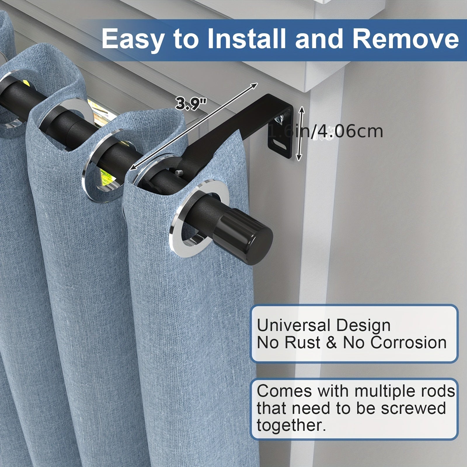 Heavy Duty Black Metal Curtain Rod Set 5/8 Inch Supports Up to 11.34 KG