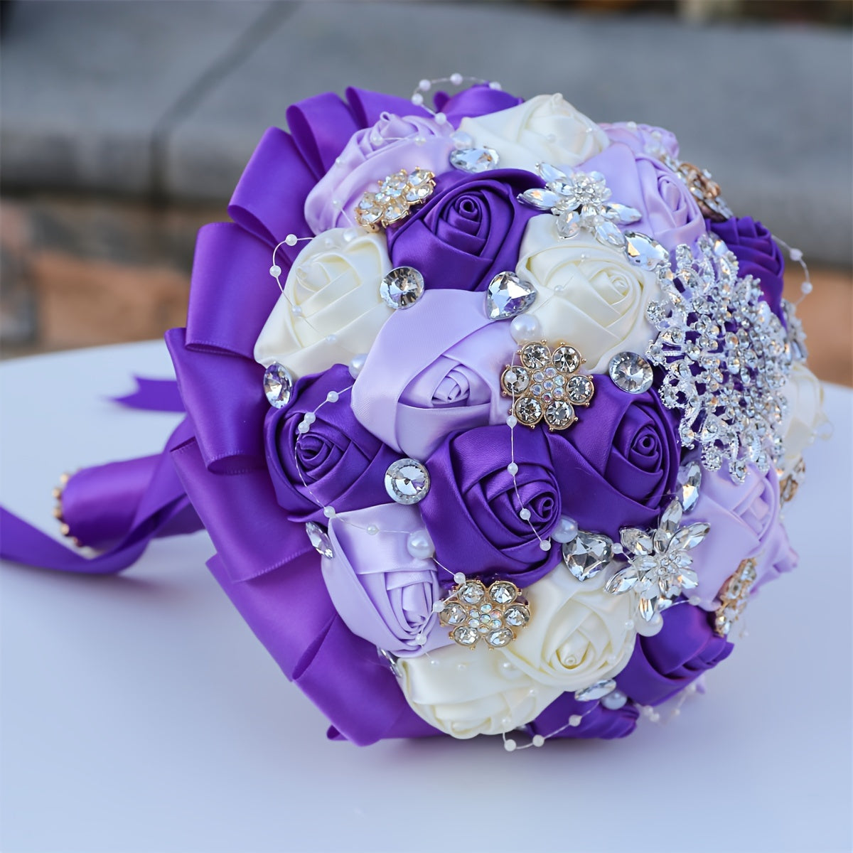 Handmade Wedding Bouquet Satin Flowers Rhinestones Faux Pearls for Bride Bridesmaids