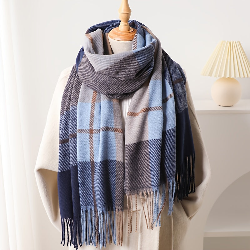 Qishki shalv ayollar uchun faux kaşmirli plaid, tasselled, vintage uslub