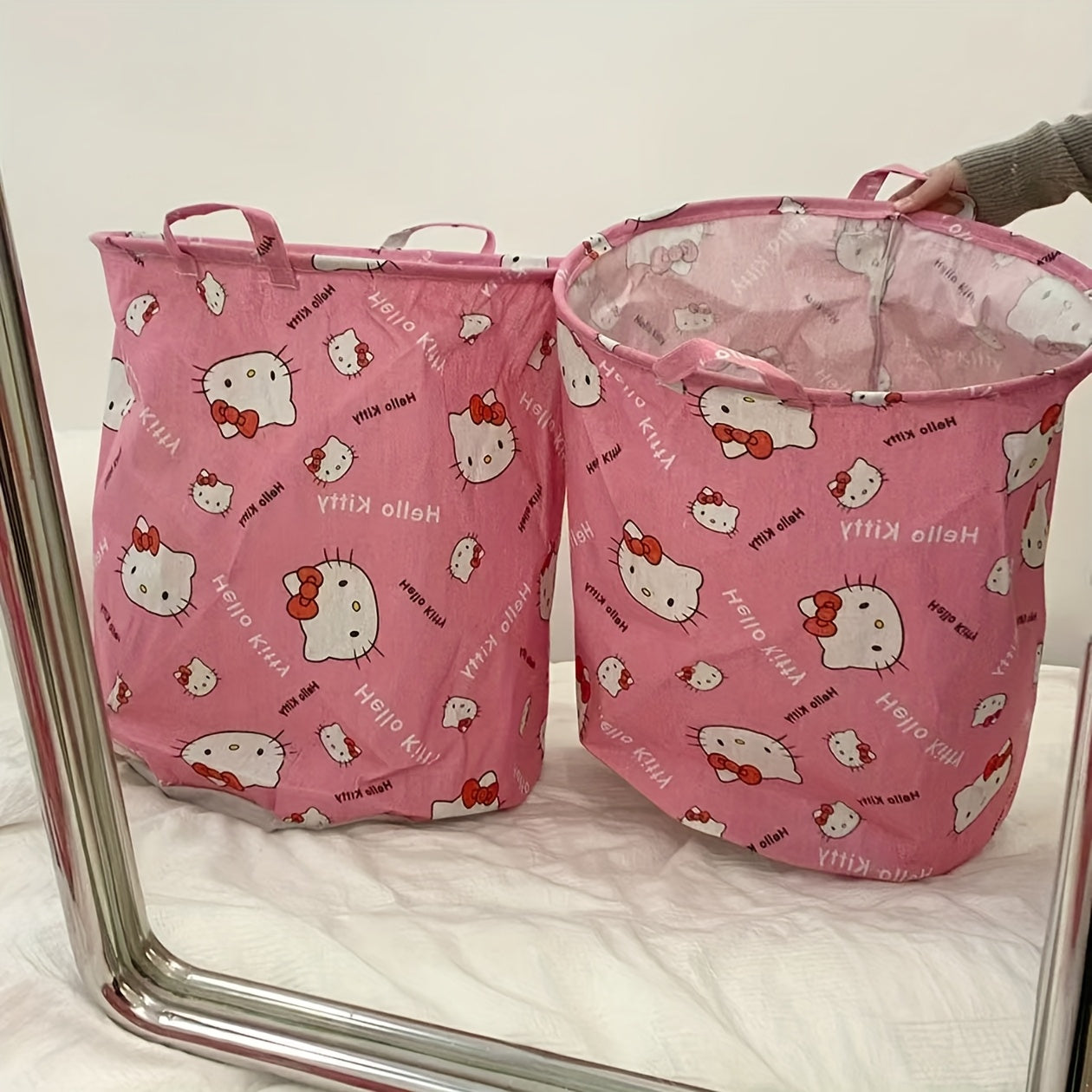 cesta de ropa redonda de tela con asa para almacenamiento en dormitorio